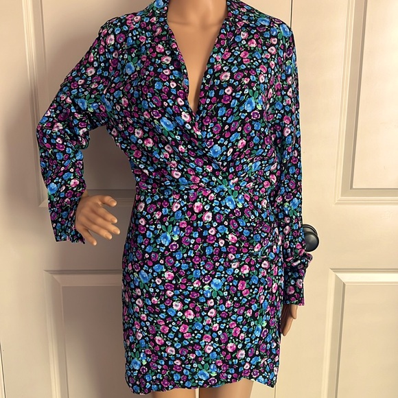 New Zara Floral Print V-Neck Satin Effect Wrap Mini Dress - Picture 10 of 13